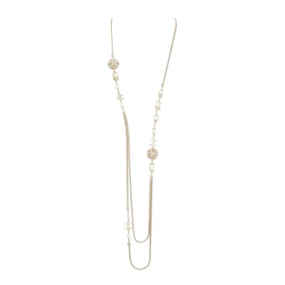 Pre-owned Chanel B16a Gold Tone Faux Pearl Cc Logo Round Globes Necklace