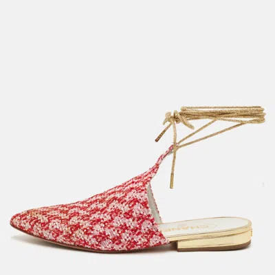Pre-owned Chanel Babouche Size 36.5 Red Sequins And Tweed Ankle Wrap Mules