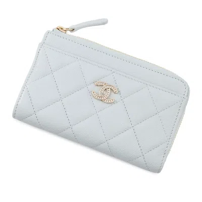 Pre-owned Chanel Baby Blue Champagne Gold Grained Calfskin Business Card Case () In Multi
