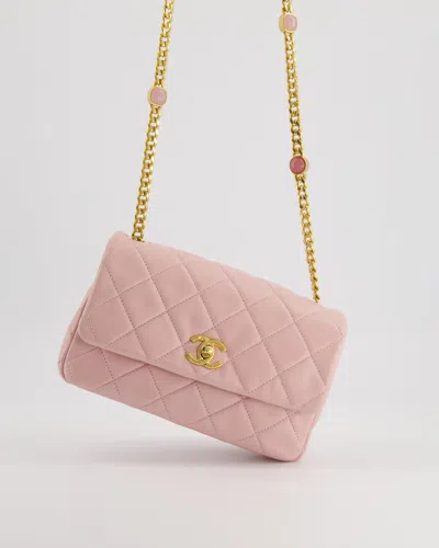 Pre-owned Chanel Baby Mini Flap Bag With Pastel Embellished Chain Detail In Lambskin Leather And Gold Hardware In Pink