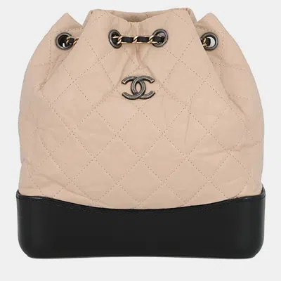 Pre-owned Chanel Backpack Beige Black Aged Calf Leather Size Small In Sand
