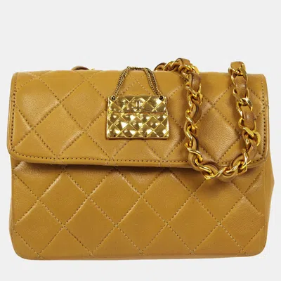 Pre-owned Chanel Bag Motif Quilted Chain Mini Shoulder Bag Beige Lambskin In Sand