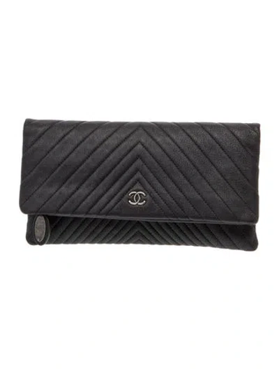 Pre-owned Chanel Beauty Cc Chevron Foldover Clutch In Black