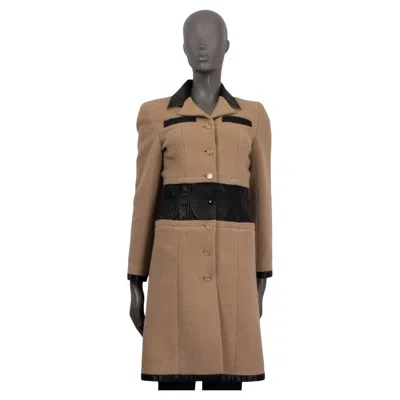 Pre-owned Chanel Beige 2001 Leather Trim Camel Hair Coat Jacket Xs In Brown