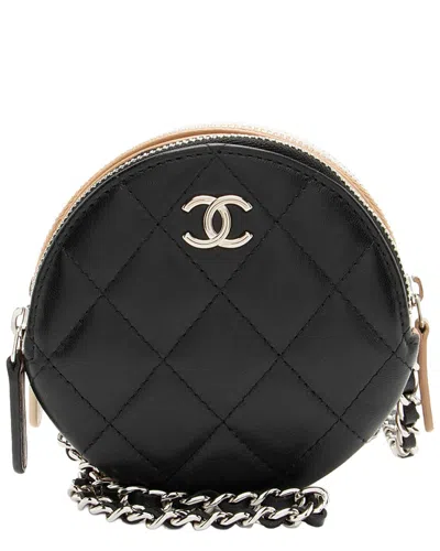 Pre-owned Chanel Beige & Black & Gold Lambskin Triple Zip Round Clutch With Chain (authentic Pre-loved)