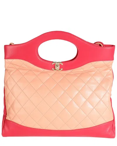 Pre-owned Chanel Beige & Red Quilted Leather Large 31 Shopping Bag (authentic Pre-loved)