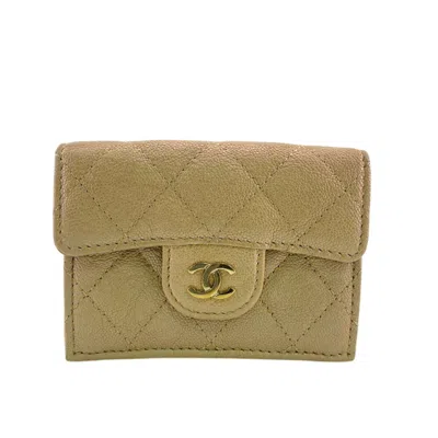 Pre-owned Chanel Beige Beige Gold Grained Calfskin Leather Wallet (tri-fold) ()