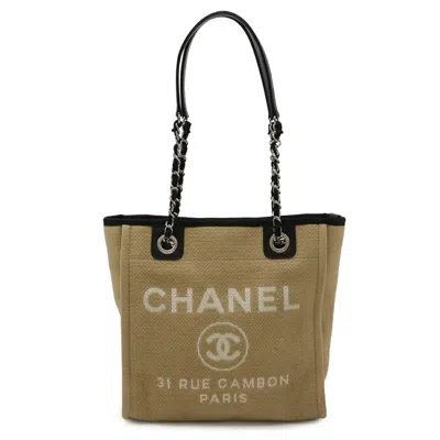 Pre-owned Chanel Beige Black Canvas Shoulder Bag Tote Bag () In Multi