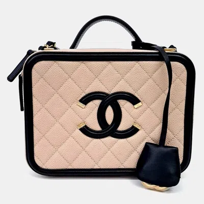Pre-owned Chanel Beige Black Caviar Cosmetic Tote And Shoulder Bag A93343 In Sand