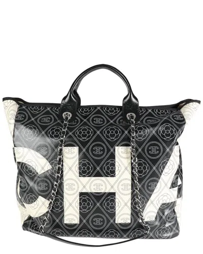 Pre-owned Chanel Beige; Black Coated Canvas Camellia & Cc Print Shopper Tot (authentic Pre-loved)