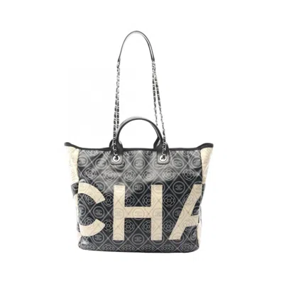 Pre-owned Chanel Beige Black Coated Canvas Leather Tote Bag () In Multi