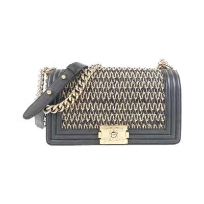 Pre-owned Chanel Beige Black Cotton Leather Shoulder Bag ()