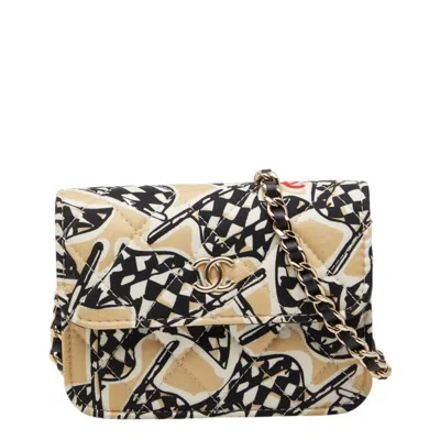 Pre-owned Chanel Beige Black Cotton Leather Shoulder Bag () In Multi