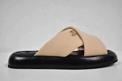 Pre-owned Chanel Beige Black Fabric Criss Cross Puffy Cc Logo Slide Mule Sandal Flat 36