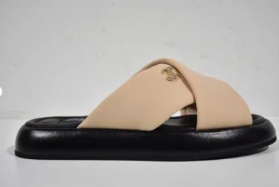 Pre-owned Chanel Beige Black Fabric Criss Cross Puffy Cc Logo Slide Mule Sandal Flat 42