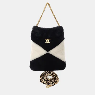 Pre-owned Chanel Beige Black Fur Shearling Tote And Shoulder Bag