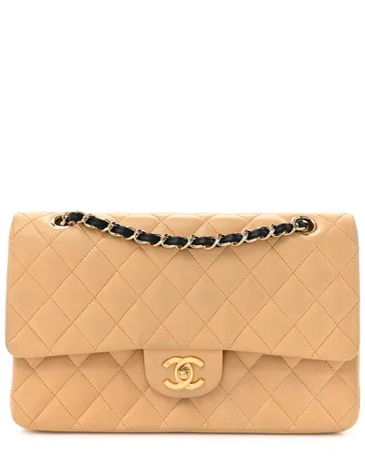 Pre-owned Chanel Beige Black Lambskin Leather Classic Double Flap Ghw (authentic Pre-  Loved)