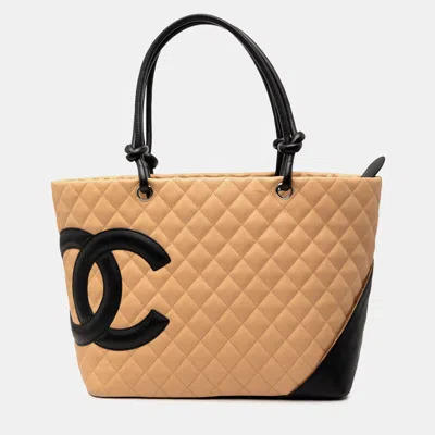 Pre-owned Chanel Beige Black Large Quilted Lambskin Cambon Ligne Tote In Sand