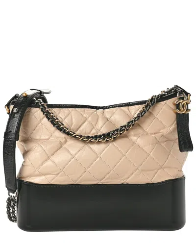 Pre-owned Chanel Beige Black Leather Aged Quilted Small Gabrielle Hobo (authentic Pre-  Loved)