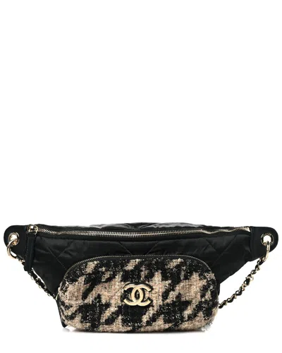 Pre-owned Chanel Beige Black Nylon Quilted Banane Waist Bag Fanny Pack (authentic Pre-loved)