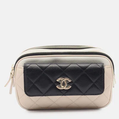 Pre-owned Chanel Beige Black Tricolor Quilted Goatskin In And Out Belt Bag In Sand