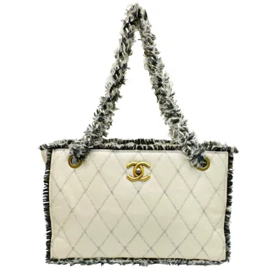 Pre-owned Chanel Beige Black Tweed Leather Tote Bag () In Beige, Black