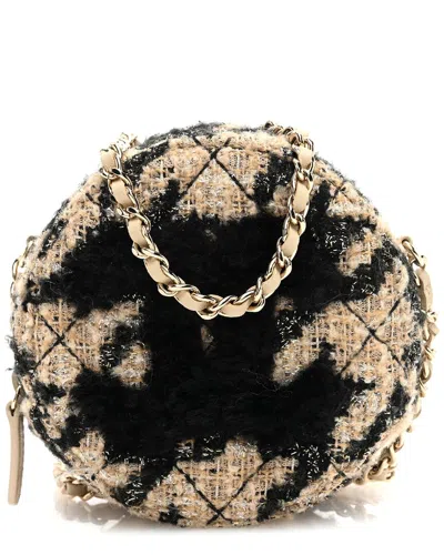 Pre-owned Chanel Beige Black Tweed Shearling Round Clutch With Chain & Coin Purse (authentic Pre-loved)