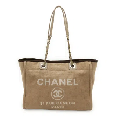 Pre-owned Chanel Beige Brown Canvas Leather Shoulder Bag Tote Bag () In Multi
