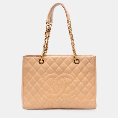 Pre-owned Chanel Beige Brown Caviar Grand Shopping Tote