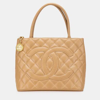 Pre-owned Chanel Beige Brown Caviar Medallion Tote In Sand