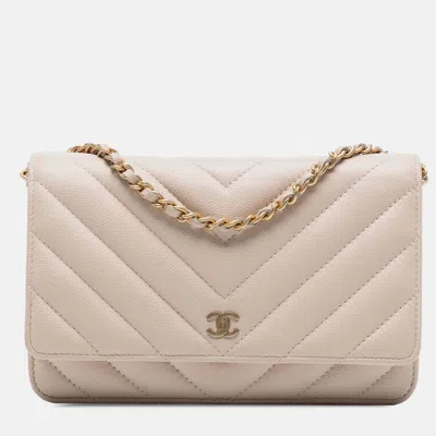 Pre-owned Chanel Beige Brown Cc Chevron Caviar Ancient Greek Charms Wallet On Chain In Sand
