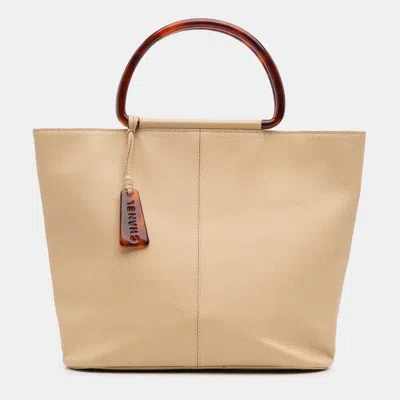 Pre-owned Chanel Beige Brown Grained Calfskin Tortoise Tote In Sand