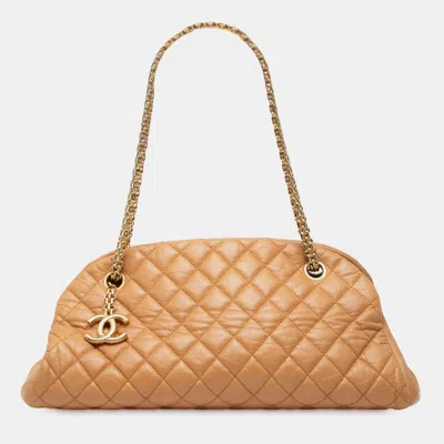 Pre-owned Chanel Beige Brown Medium Lambskin Just Mademoiselle Bowling Bag In Sand