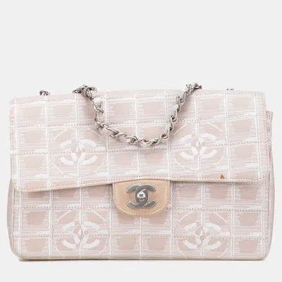Pre-owned Chanel Beige Brown Medium New Travel Line Nylon Single Flap In Sand