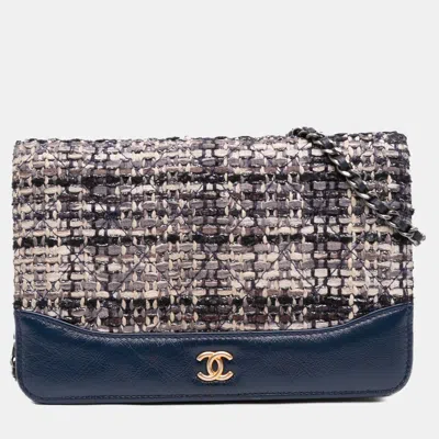 Pre-owned Chanel Beige Brown Quilted Tweed And Calfskin Gabrielle Wallet On Chain In Sand