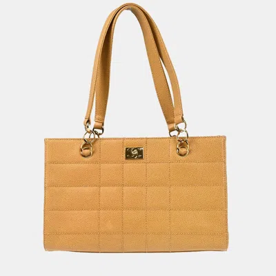 Pre-owned Chanel Beige Calfskin Choco Bar Tote Handbag In Sand