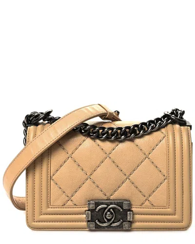 Pre-owned Chanel Beige Calfskin Leather Double Stitch Small Boy Flap (authentic Pre-  Loved)