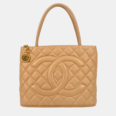 Pre-owned Chanel Beige Calfskin Medallion Tote Handbag
