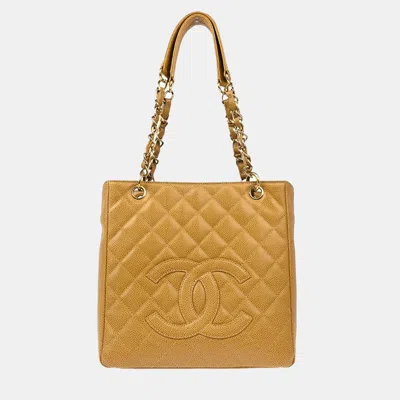 Pre-owned Chanel Beige Calfskin Petite Shopping Tote Pst Chain Handbag In Sand
