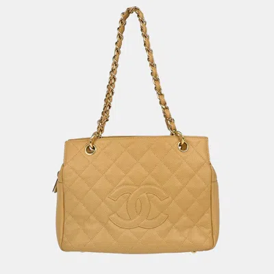 Pre-owned Chanel Beige Calfskin Petite Timeless Tote Ptt Chain Handbag In Sand