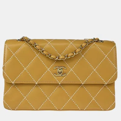 Pre-owned Chanel Beige Calfskin Wild Stitch Straight Flap Shoulder Bag