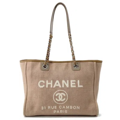 Pre-owned Chanel Beige Canvas Leather Shopping Bag Tote Bag () In Sand