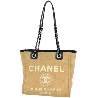 Pre-owned Chanel Beige Canvas Leather Tote Bag () In Sand