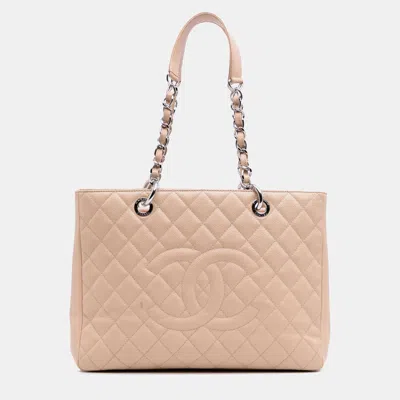 Pre-owned Chanel Beige Caviar Grand Shopping Tote In Sand