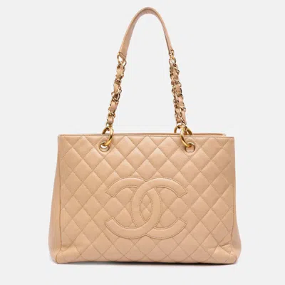 Pre-owned Chanel Beige Caviar Grand Shopping Tote In Sand