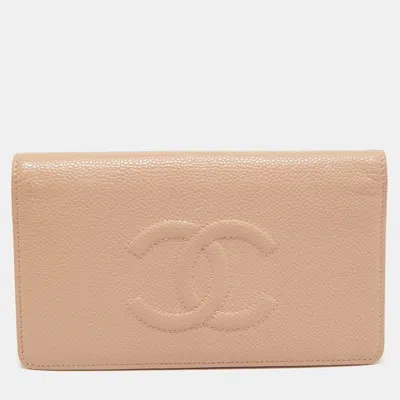 Pre-owned Chanel Beige Caviar Leather Cc Bifold Long Wallet In Sand