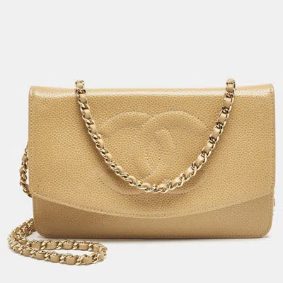 Pre-owned Chanel Beige Caviar Leather Cc Timeless Wallet On Chain