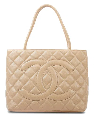 Pre-owned Chanel Beige Caviar Leather Medallion Tote Ghw (authentic )