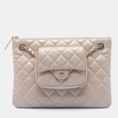Pre-owned Chanel Beige Cc Iridescent Quilted Lambskin Pouch With Mini Flap Purse In Sand