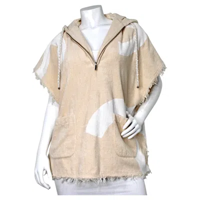 Pre-owned Chanel Beige Coco Beach Frayed Terrycloth Hooded Half-zip Poncho In Brown